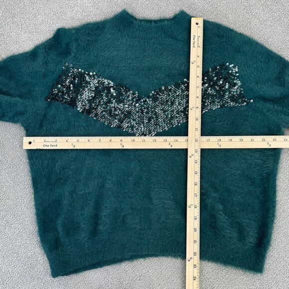 Nine West x Cara Santana Sweater Sequin Fuzzy Teal Green XXL Pullover - Picture 12 of 13